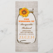 Rustieke jute mason pot zonnebloem bruiloft progra programmakaart (Voorkant)