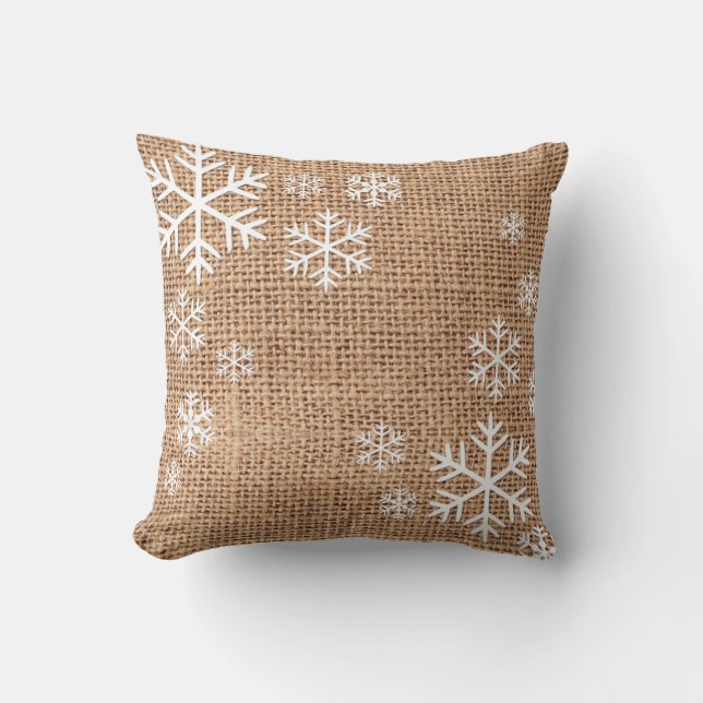 Rustieke Jute Sneeuwvlokken Plaid Kerstkussen Kussen (Voorkant)