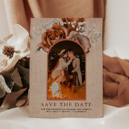 Rustieke jute verbrande oranje roos terracotta bru save the date