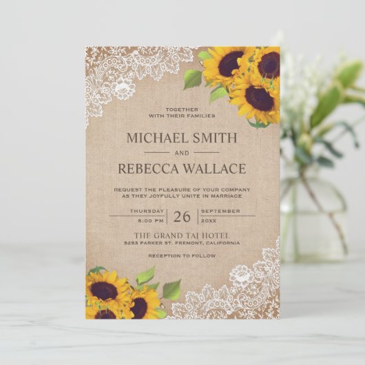  rustieke jute witte kant zonnebloem bruiloft kaart (Staand voorkant)