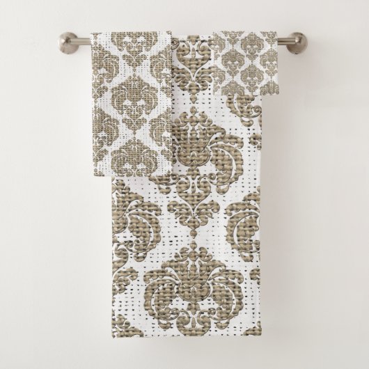 Rustieke jute & witte royale glamour damast bad handdoek (Insitu)