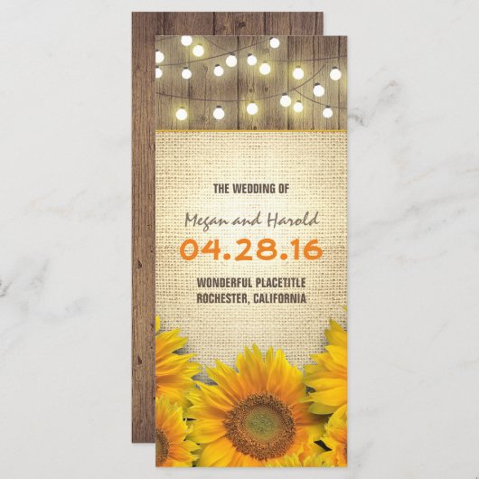 rustieke jute zonnebloemen lichten bruiloft progra programmakaart (Voorkant / Achterkant)