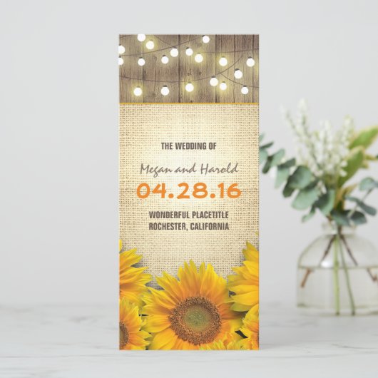 rustieke jute zonnebloemen lichten bruiloft progra programmakaart (Staand voorkant)