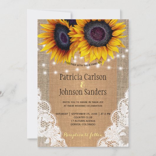 Rustieke jute zonnebloemen lichten en kant bruilof kaart (Voorkant)