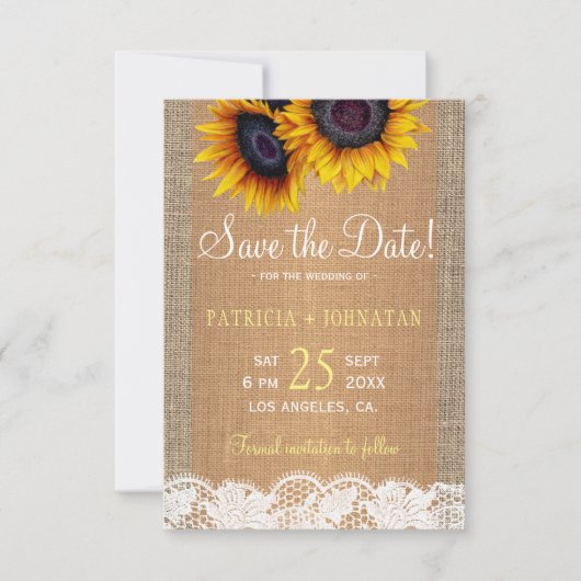 Rustieke jute zonnebloemen redden de datum bruilof save the date (Voorkant)