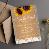 Rustieke jute zonnebloemen redden de datum bruilof save the date