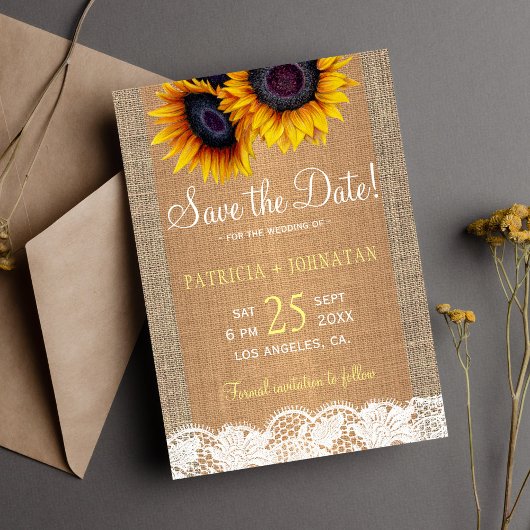 Rustieke jute zonnebloemen redden de datum bruilof save the date
