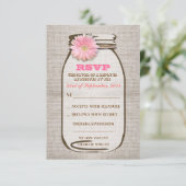 Rustieke juten pot met roze gerbera-huwelijks-RSVP RSVP Kaartje (Staand voorkant)