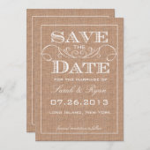 Rustieke juteprint Save the Date-aankondiging Kaart (Voorkant / Achterkant)