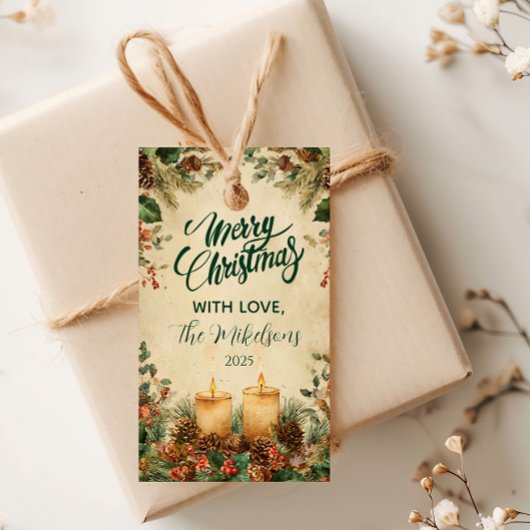 Rustieke Kaars Dennenkegel Kerstmis Cadeaulabel