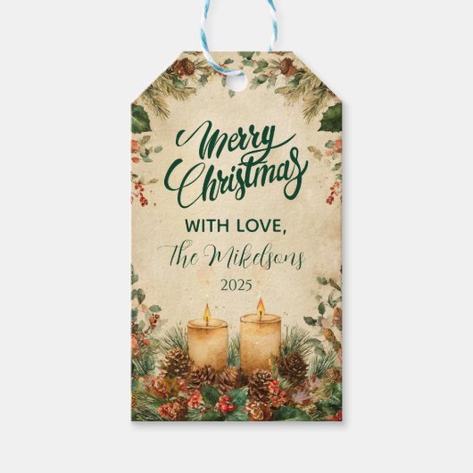 Rustieke kaars Pinecone Kerstmis Cadeaulabel (Voorkant)