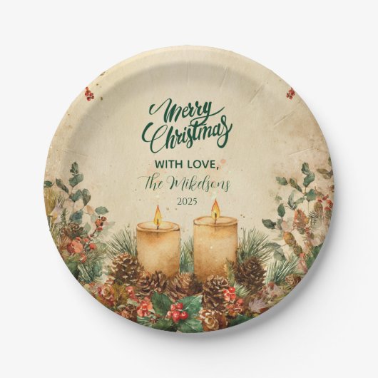 Rustieke kaars Pinecone Kerstmis Papieren Bordje (Voorkant)