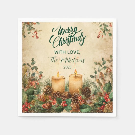 Rustieke kaars Pinecone Kerstmis Servet (Voorkant)