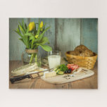 Rustieke kaas Brood Voedsel Tulp Bloemen Legpuzzel<br><div class="desc">Deze prachtige puzzels hebben gele tulpen,  kaas,  brood en melk tegen een rustieke achtergrond #food #tulips #jigsawpuzzle #gifts #stockingstuffers</div>
