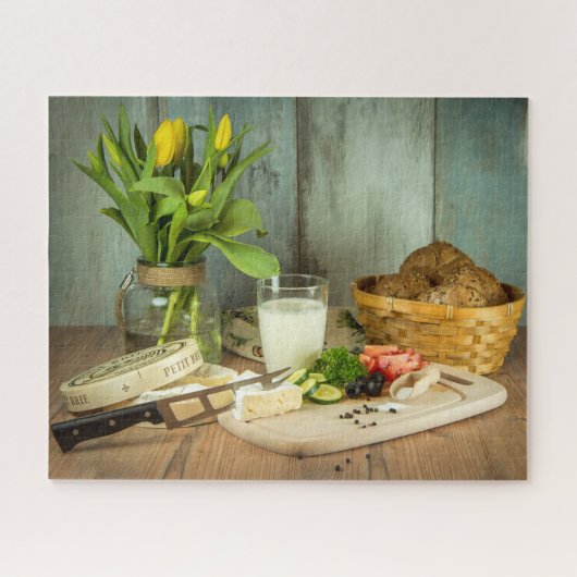 Rustieke kaas Brood Voedsel Tulp Bloemen Legpuzzel (Horizontaal)