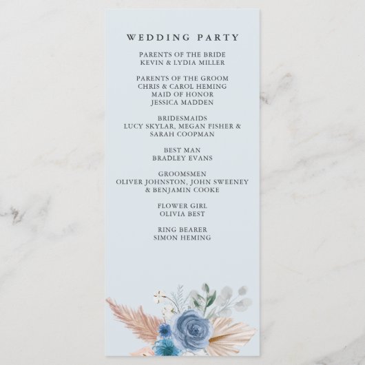 Rustieke kalligrafie Boho Dusty Blue Pampas bruilo Programmakaart (Achterkant)