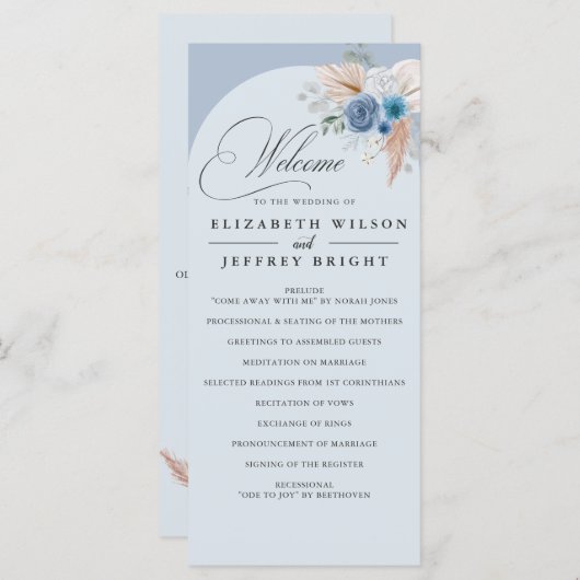 Rustieke kalligrafie Boho Dusty Blue Pampas bruilo Programmakaart (Voorkant / Achterkant)