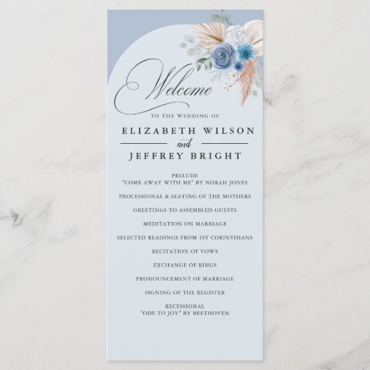 Rustieke kalligrafie Boho Dusty Blue Pampas bruilo Programmakaart (Voorkant)