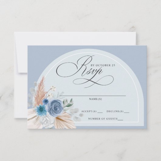 Rustieke kalligrafie Boho Dusty Blue Pampas bruilo RSVP Kaartje (Voorkant)