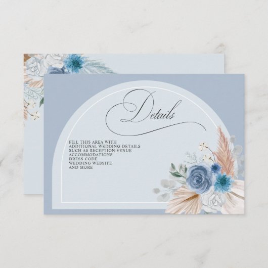 Rustieke kalligrafie Boho Dusty Blue Pampas Detail Informatiekaartje (Voorkant / Achterkant)