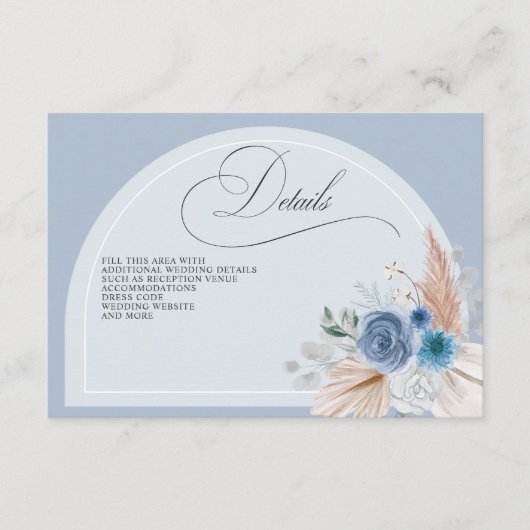 Rustieke kalligrafie Boho Dusty Blue Pampas Detail Informatiekaartje (Voorkant)