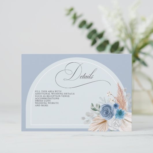 Rustieke kalligrafie Boho Dusty Blue Pampas Detail Informatiekaartje (Staand voorkant)