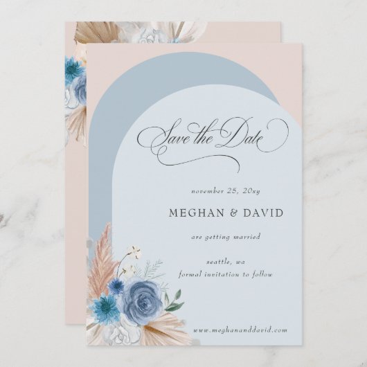Rustieke kalligrafie Boho Dusty Blue Pampas Save The Date (Voorkant / Achterkant)
