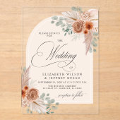 Rustieke kalligrafie Boho terracotta pampas bruilo Acryl Uitnodigingen (Voorkant)