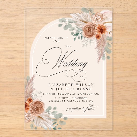 Rustieke kalligrafie Boho terracotta pampas bruilo Acryl Uitnodigingen (Voorkant)