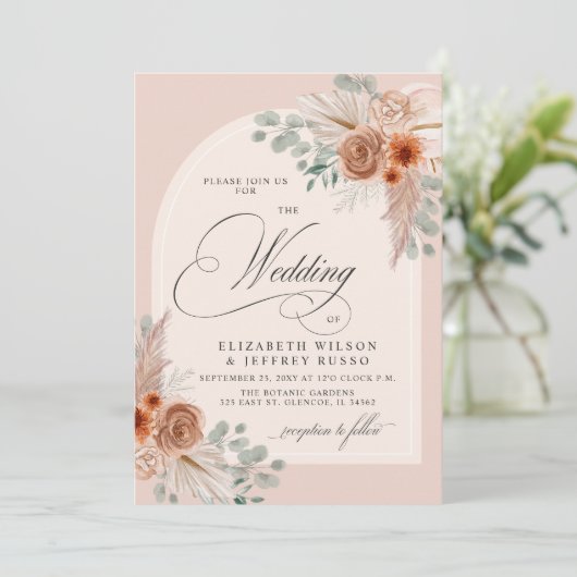 Rustieke kalligrafie Boho terracotta pampas bruilo Kaart (Staand voorkant)