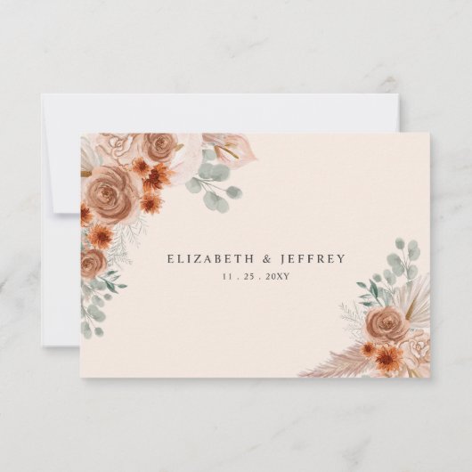 Rustieke kalligrafie Boho terracotta pampas bruilo RSVP Kaartje (Achterkant)