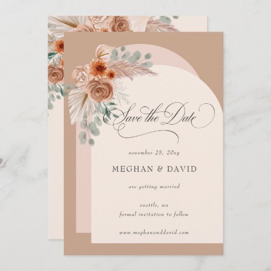 Rustieke kalligrafie Boho Terracotta Pampas Save The Date (Voorkant / Achterkant)