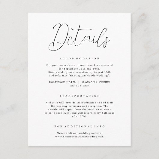Rustieke kalligrafie bruiloft details informatiekaartje (Voorkant)