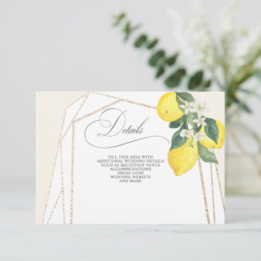 Rustieke kalligrafie Citrus zomer bruiloft Informatiekaartje (Staand voorkant)