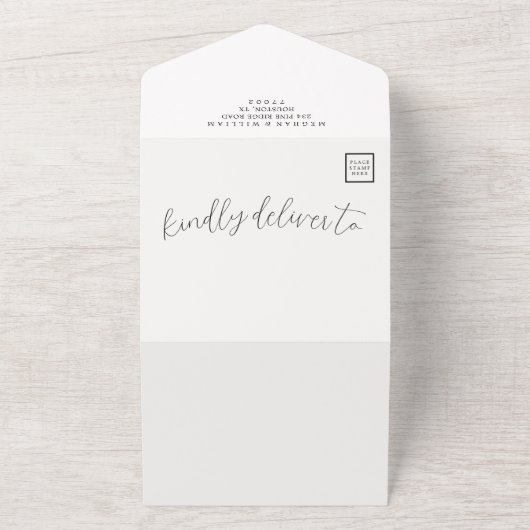 Rustieke kalligrafie foto bruiloft QR-code All In One Uitnodiging (Buitenkant)