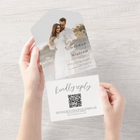 Rustieke kalligrafie foto bruiloft QR-code All In One Uitnodiging (Afscheurbaar)
