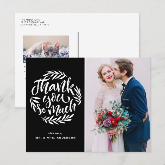 Rustieke kalligrafie krans zwart bruiloft foto briefkaart (Voorkant / Achterkant)