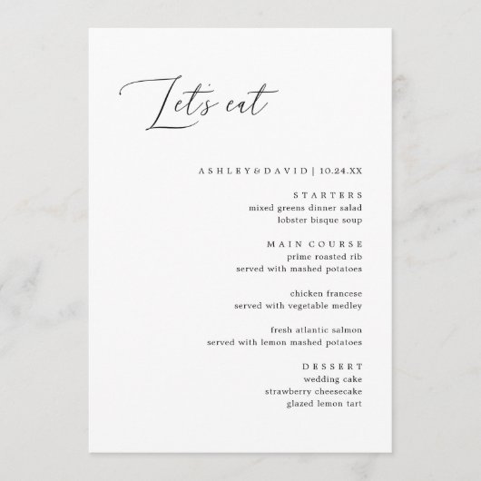 Rustieke kalligrafie Laten we eten bruiloft diner Menu (Voorkant)