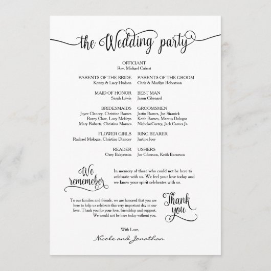 Rustieke kalligrafie, zwart lettertype, huwelijksc programmakaart (Achterkant)