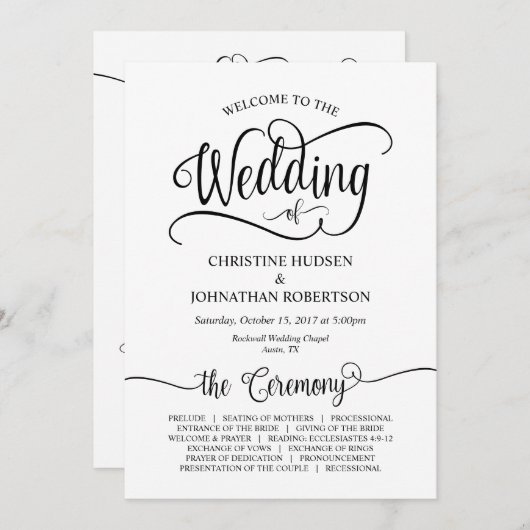Rustieke kalligrafie, zwart lettertype, huwelijksc programmakaart (Voorkant / Achterkant)