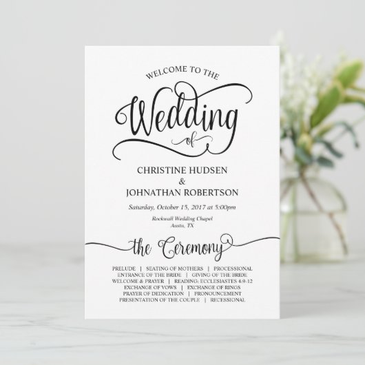 Rustieke kalligrafie, zwart lettertype, huwelijksc programmakaart (Staand voorkant)