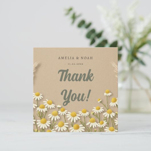 Rustieke kamille bruiloft dank je kaart (Staand voorkant)