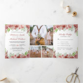 Rustieke kaneel Roos Bloemen Foto Collage Bruiloft Drieluik Uitnodiging (Binnen)