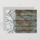 Rustieke kant blauwgroen schuur hout bruiloft opsl aankondigingskaart (Voorkant / Achterkant)