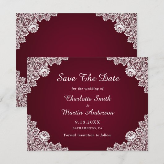 Rustieke kant Bourgondische bruiloft Save the Date (Voorkant / Achterkant)