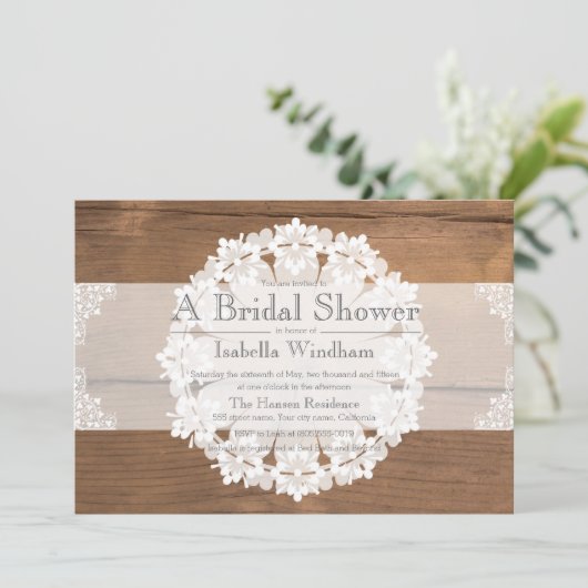 Rustieke kant bruids douche uitnodiging (Staand voorkant)