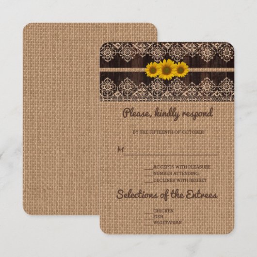 Rustieke kant Burlap hout bruiloft RSVP Kaartje (Voorkant / Achterkant)