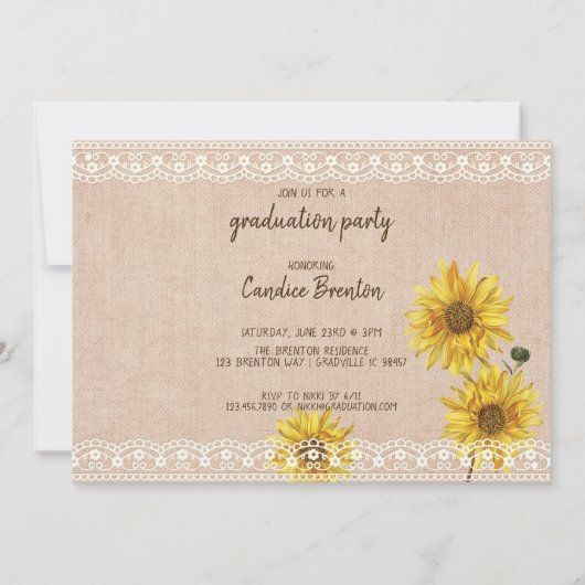 Rustieke Kant & Burlap Zonnebloemen Afstuderen Kaa Kaart (Achterkant)