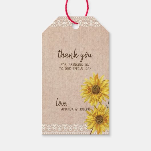 Rustieke Kant & Burlap Zonnebloemen Bruiloft Gift  Cadeaulabel (Voorkant)