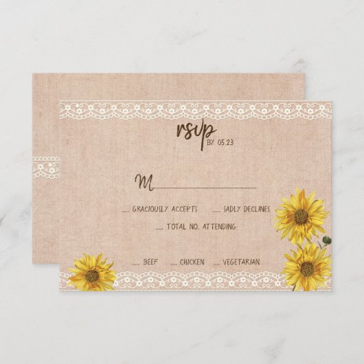Rustieke Kant & Burlap Zonnebloemen Bruiloft RSVP  (Voorkant / Achterkant)